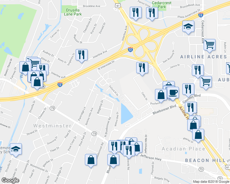 map of restaurants, bars, coffee shops, grocery stores, and more near 9301 Oxford Place Drive in Baton Rouge