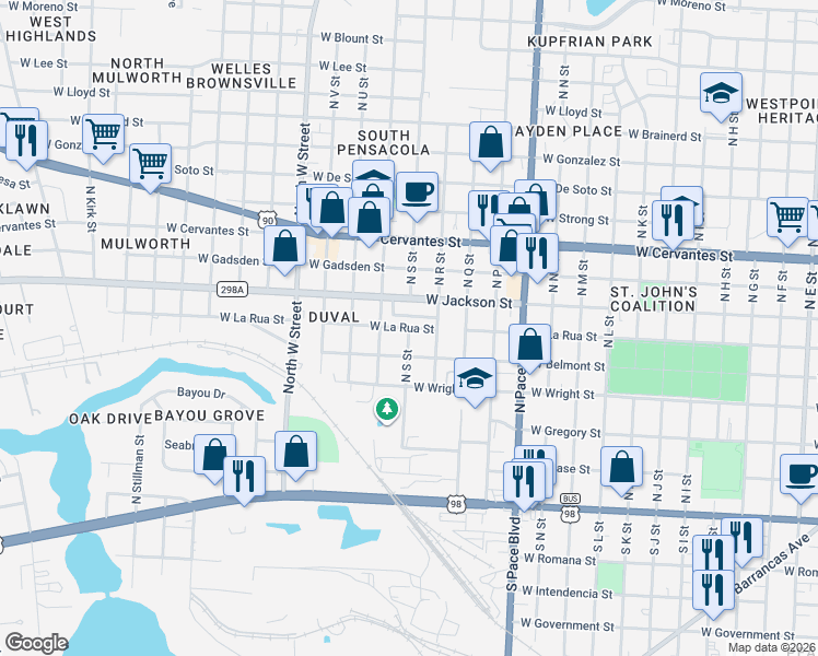 map of restaurants, bars, coffee shops, grocery stores, and more near North S Street in Pensacola