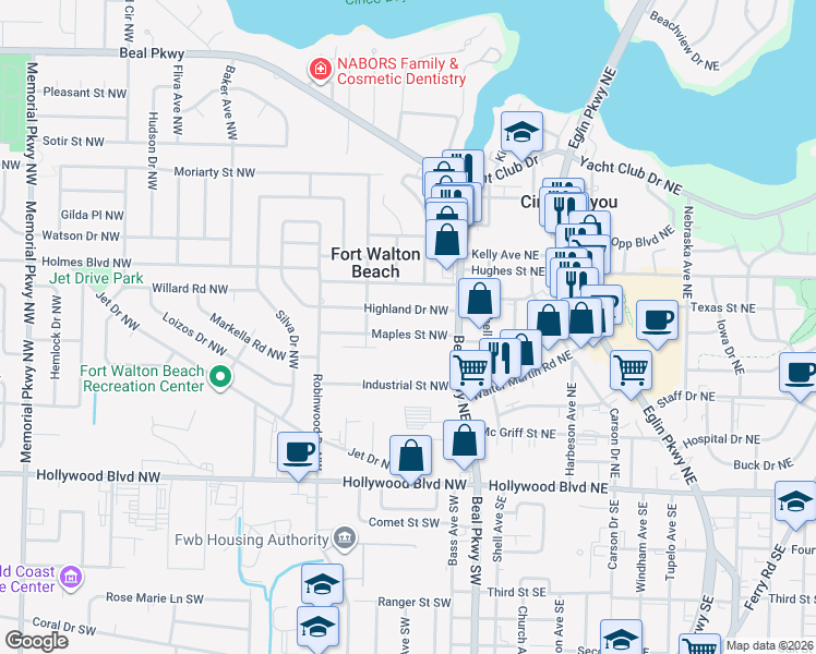 map of restaurants, bars, coffee shops, grocery stores, and more near 17 Highland Drive Northwest in Fort Walton Beach