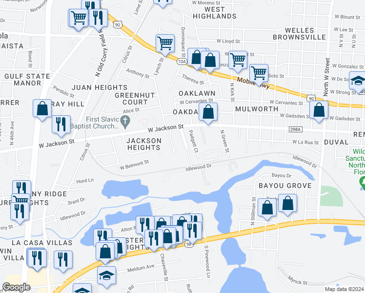 map of restaurants, bars, coffee shops, grocery stores, and more near 14 Keys Court in Pensacola