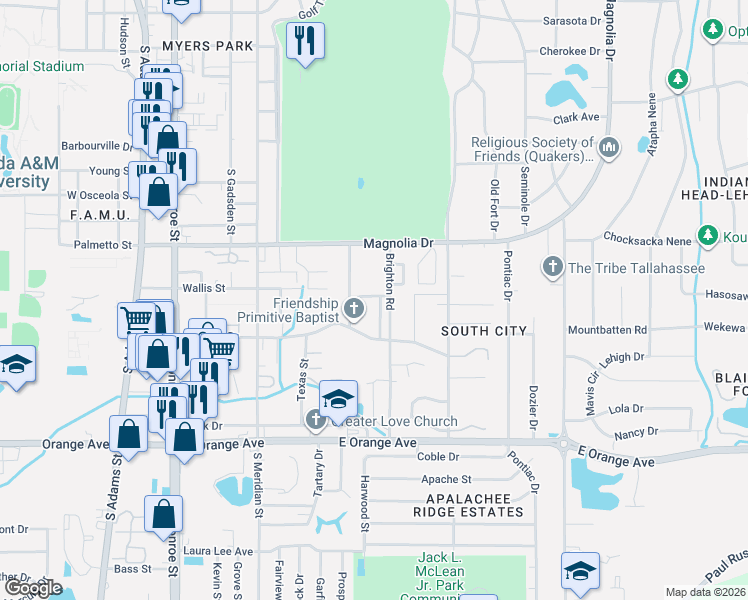 map of restaurants, bars, coffee shops, grocery stores, and more near 2300 Brighton Road in Tallahassee
