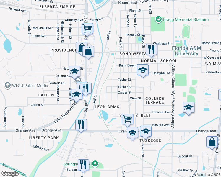 map of restaurants, bars, coffee shops, grocery stores, and more near 2226 Saint Marks Street in Tallahassee