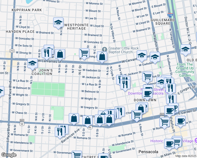 map of restaurants, bars, coffee shops, grocery stores, and more near 608 North B Street in Pensacola