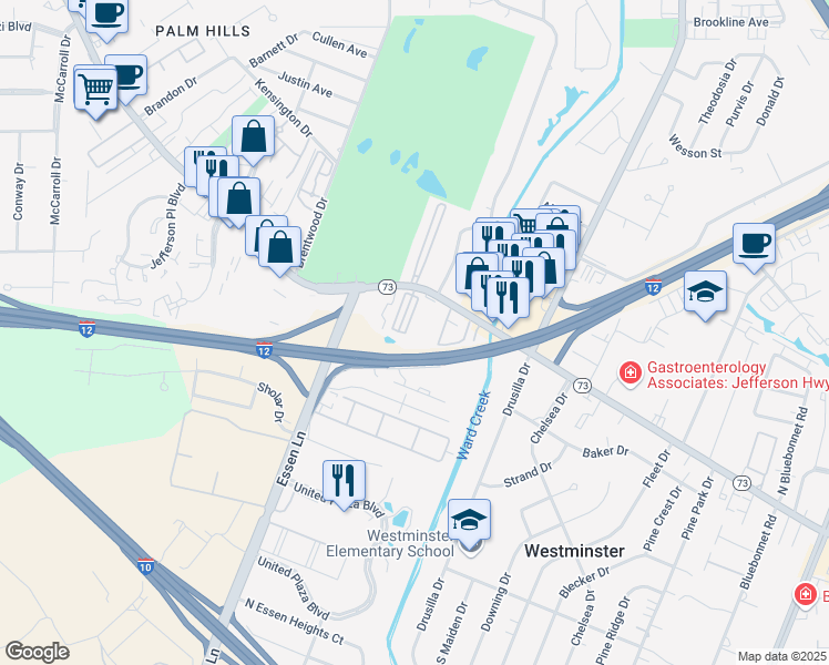 map of restaurants, bars, coffee shops, grocery stores, and more near 3321 Old Quarter Drive in Baton Rouge