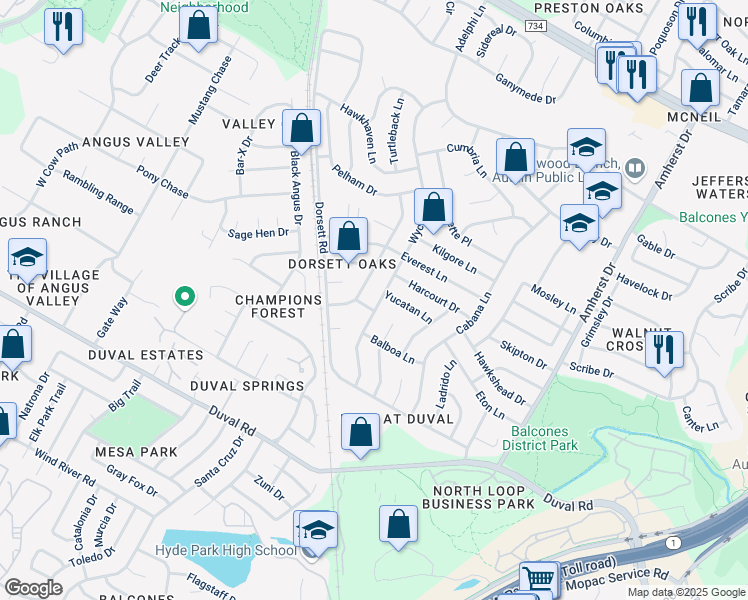 map of restaurants, bars, coffee shops, grocery stores, and more near 12104 Arrowwood Drive in Austin