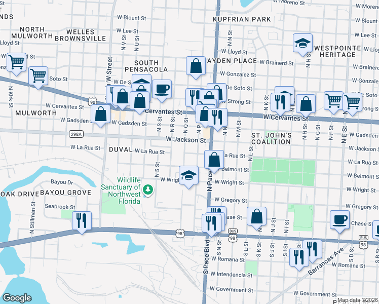 map of restaurants, bars, coffee shops, grocery stores, and more near 2216 West La Rua Street in Pensacola