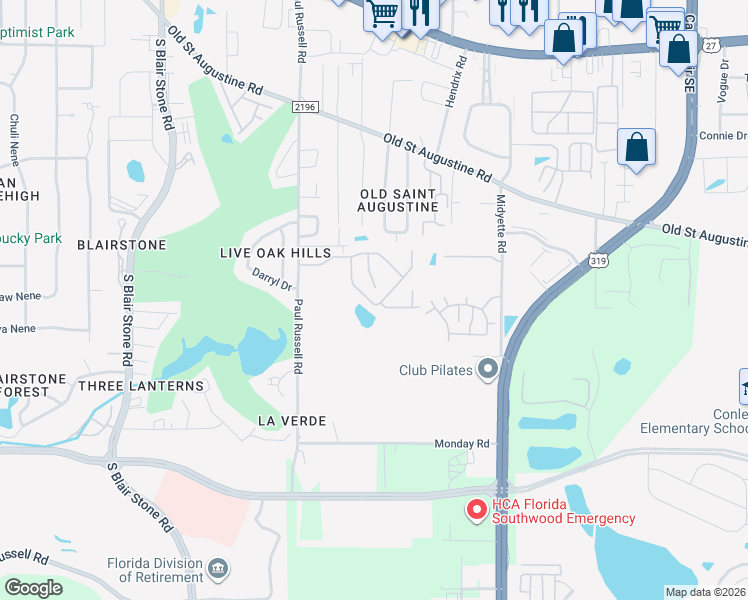 map of restaurants, bars, coffee shops, grocery stores, and more near 1575 Paul Russell Road in Tallahassee