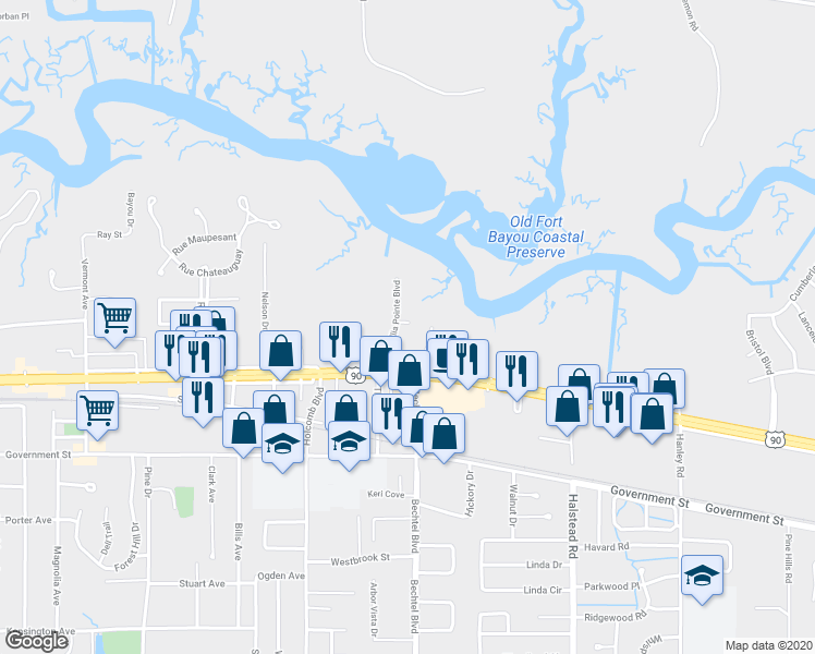 map of restaurants, bars, coffee shops, grocery stores, and more near 446 Elegans Court in Ocean Springs