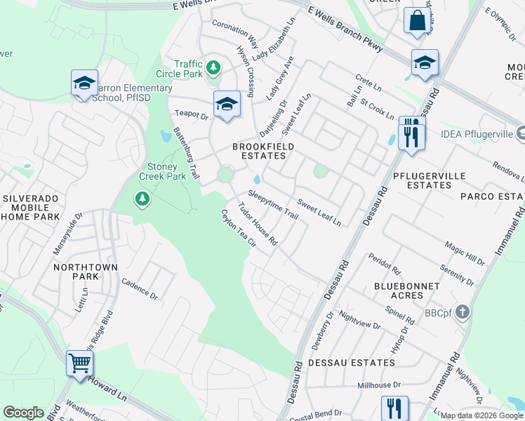 map of restaurants, bars, coffee shops, grocery stores, and more near 1400 Sleepytime Trail in Pflugerville