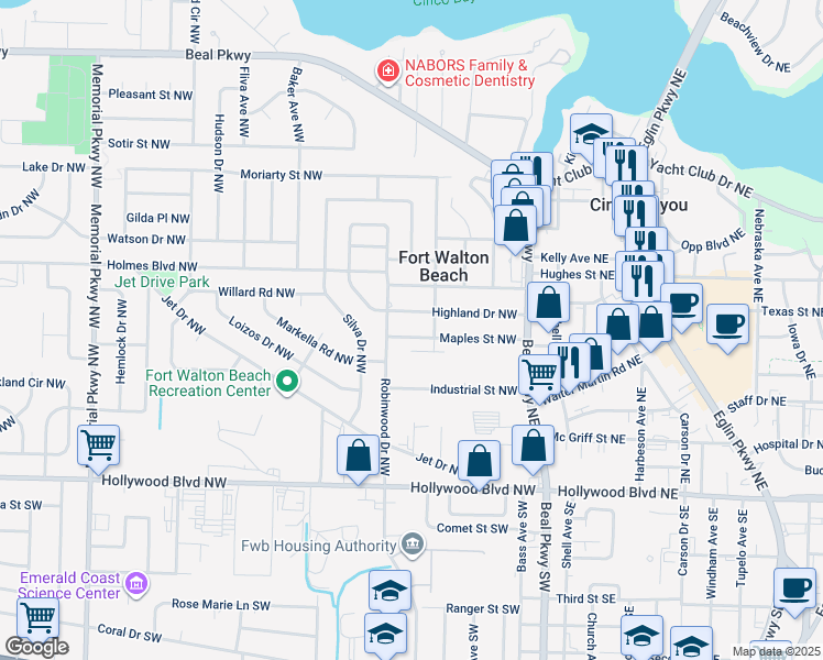 map of restaurants, bars, coffee shops, grocery stores, and more near 53 Robinwood Drive Northwest in Fort Walton Beach