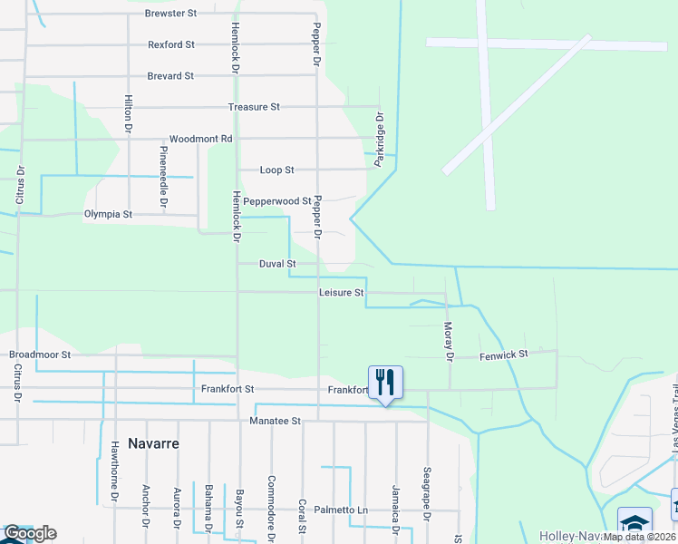 map of restaurants, bars, coffee shops, grocery stores, and more near 7631 Duval Street in Navarre