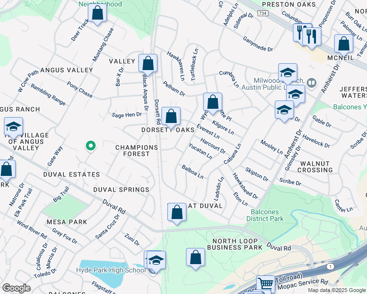 map of restaurants, bars, coffee shops, grocery stores, and more near 12104 Arrowwood Drive in Austin
