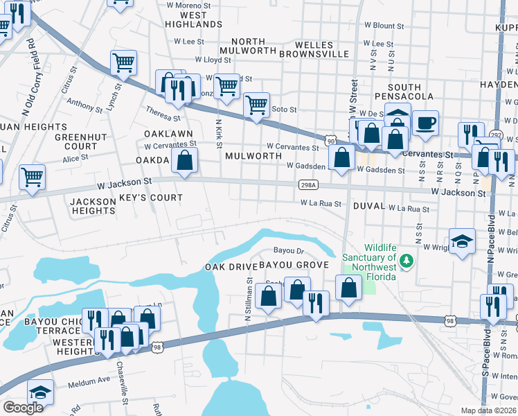 map of restaurants, bars, coffee shops, grocery stores, and more near 3404 West La Rua Street in Pensacola