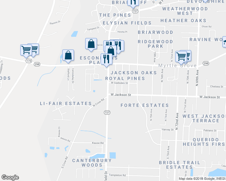 map of restaurants, bars, coffee shops, grocery stores, and more near 623 North 80th Avenue in Pensacola