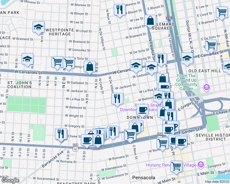 map of restaurants, bars, coffee shops, grocery stores, and more near 605 North De Villiers Street in Pensacola