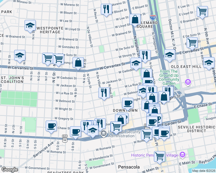 map of restaurants, bars, coffee shops, grocery stores, and more near 523 North Reus Street in Pensacola