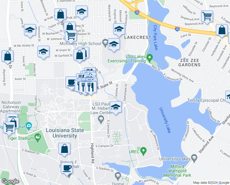 map of restaurants, bars, coffee shops, grocery stores, and more near 3270 Carlotta Street in Baton Rouge