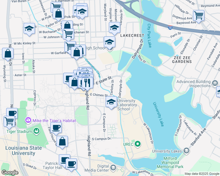 map of restaurants, bars, coffee shops, grocery stores, and more near 3270 Carlotta Street in Baton Rouge