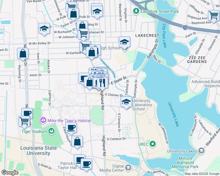 map of restaurants, bars, coffee shops, grocery stores, and more near 69 East State Street in Baton Rouge