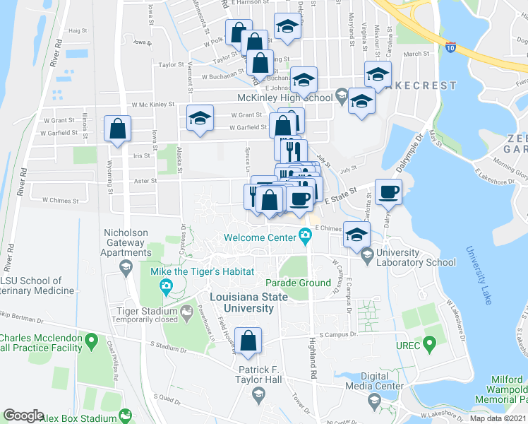 map of restaurants, bars, coffee shops, grocery stores, and more near 250 West State Street in Baton Rouge