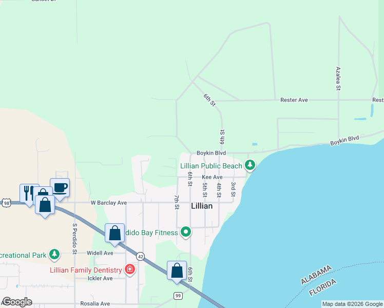 map of restaurants, bars, coffee shops, grocery stores, and more near 34501 Boykin Boulevard in Lillian
