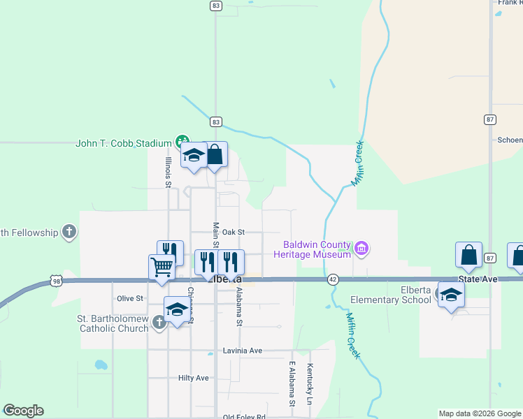 map of restaurants, bars, coffee shops, grocery stores, and more near 13326 North Wisconsin Street in Elberta