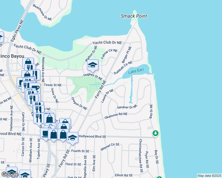 map of restaurants, bars, coffee shops, grocery stores, and more near 52 Laurie Drive Northeast in Fort Walton Beach