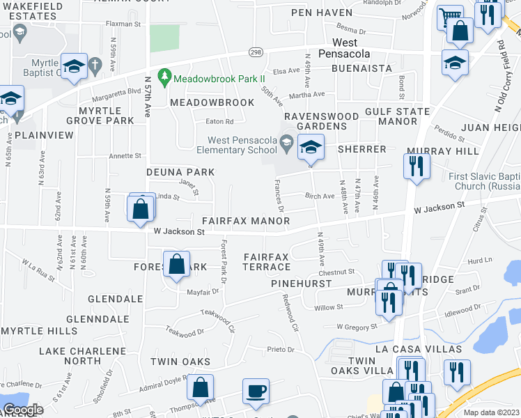map of restaurants, bars, coffee shops, grocery stores, and more near 6 Edgewood Circle in Pensacola