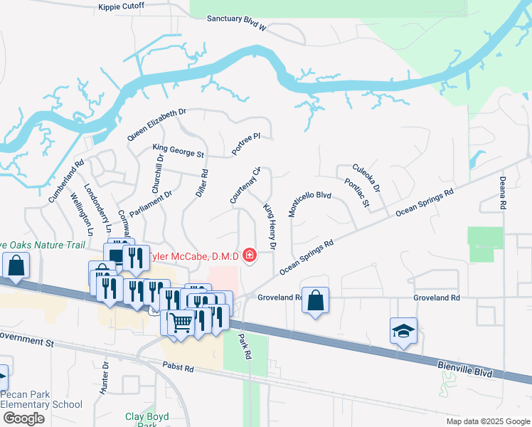 map of restaurants, bars, coffee shops, grocery stores, and more near 1225 King Henry Drive in Ocean Springs