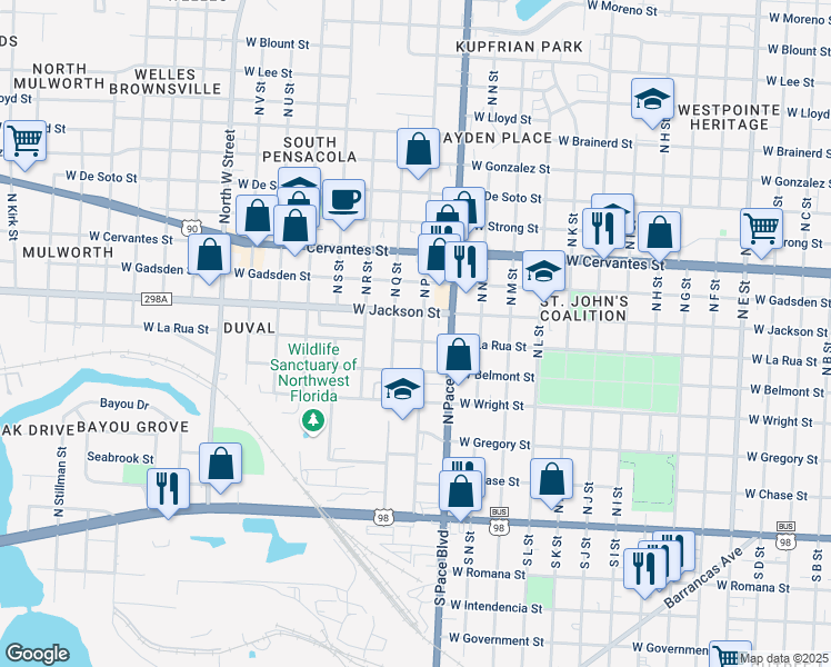 map of restaurants, bars, coffee shops, grocery stores, and more near 505 North P Street in Pensacola