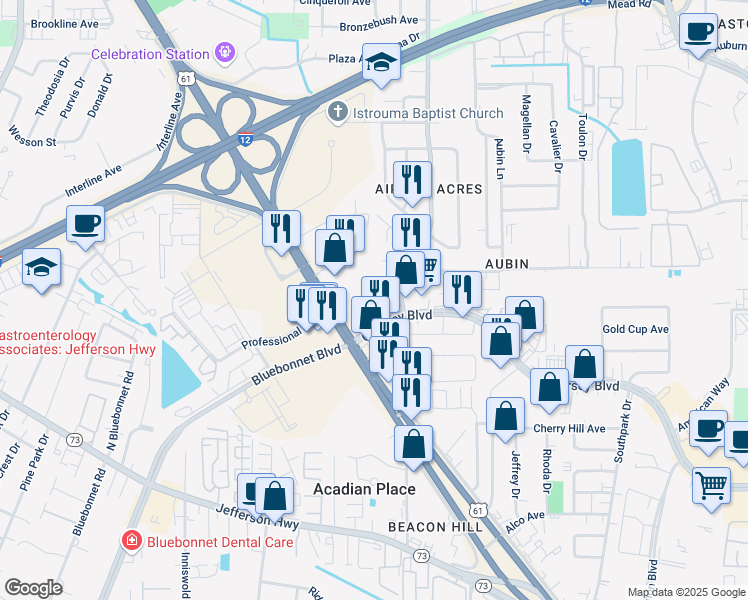 map of restaurants, bars, coffee shops, grocery stores, and more near 10313 Airline Highway in Baton Rouge