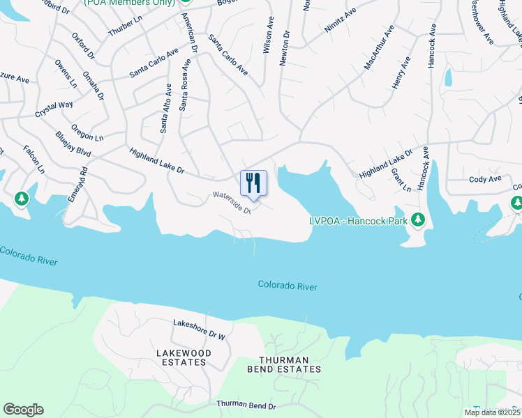 map of restaurants, bars, coffee shops, grocery stores, and more near 1917 American Drive in Lago Vista