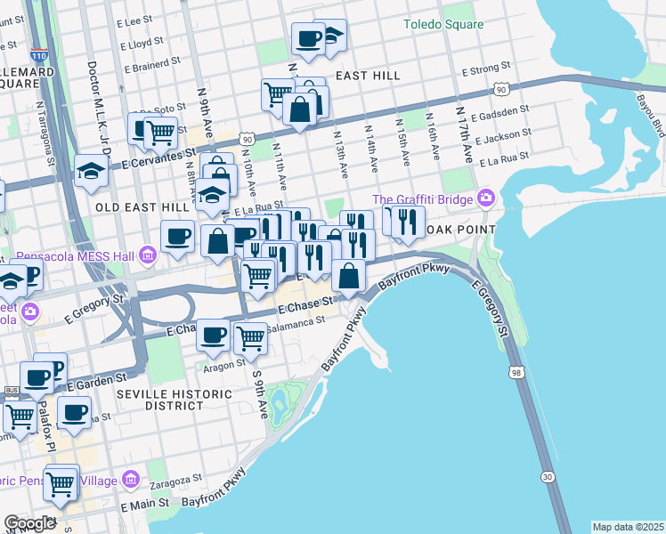 map of restaurants, bars, coffee shops, grocery stores, and more near 1399 East Heinberg Street in Pensacola