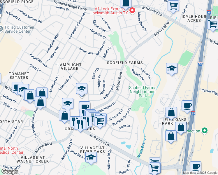 map of restaurants, bars, coffee shops, grocery stores, and more near 12907 Meehan Drive in Austin
