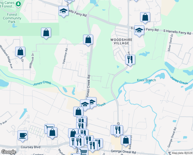 map of restaurants, bars, coffee shops, grocery stores, and more near 3777 Jones Creek Road in Baton Rouge