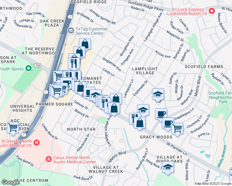 map of restaurants, bars, coffee shops, grocery stores, and more near 2100 Red Stone Lane in Austin