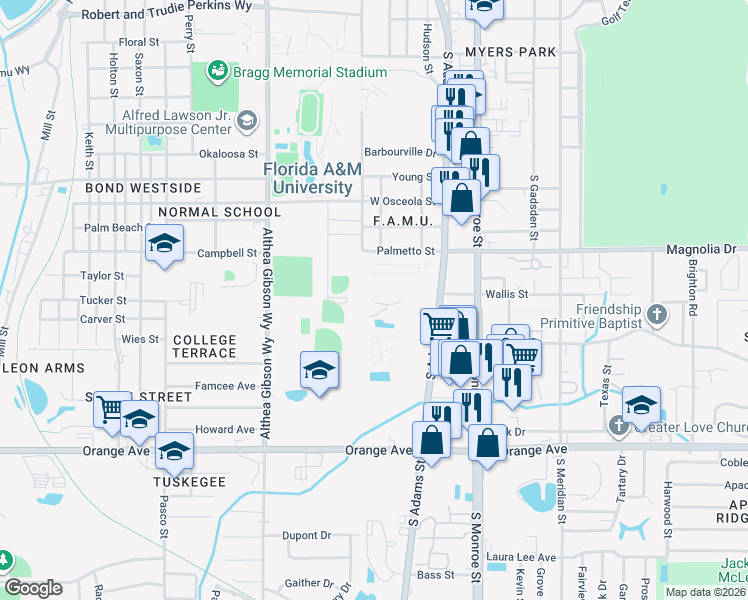 map of restaurants, bars, coffee shops, grocery stores, and more near 277 Palmetto Street in Tallahassee