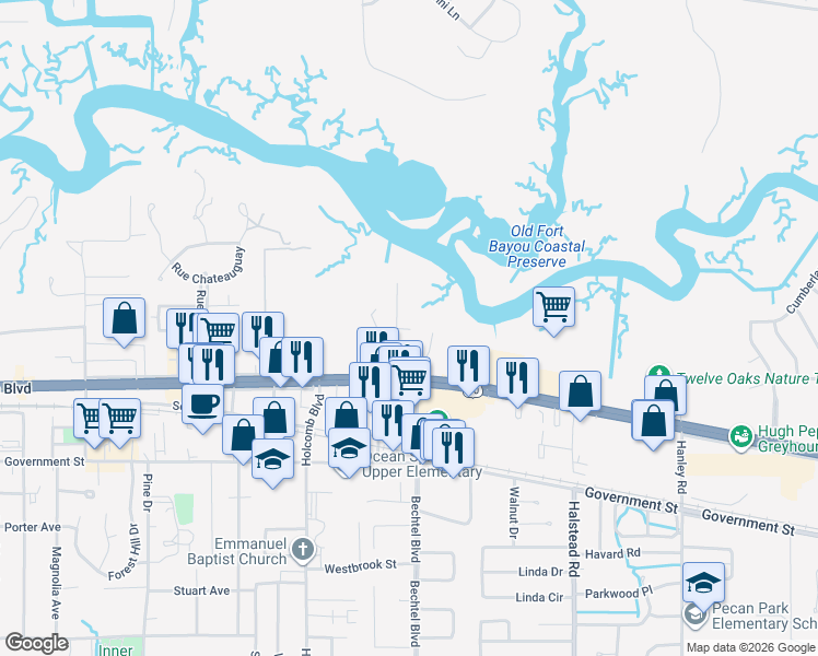 map of restaurants, bars, coffee shops, grocery stores, and more near 211 Elegans Court in Ocean Springs