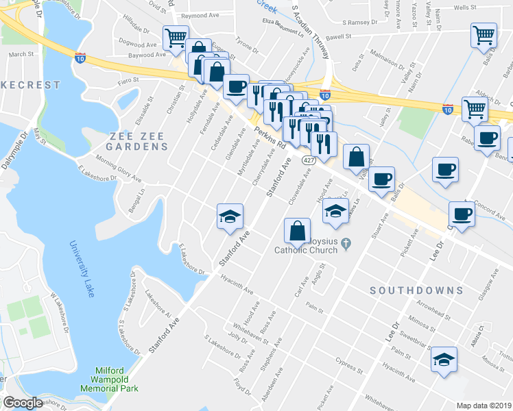 map of restaurants, bars, coffee shops, grocery stores, and more near 2037 Stanford Avenue in Baton Rouge