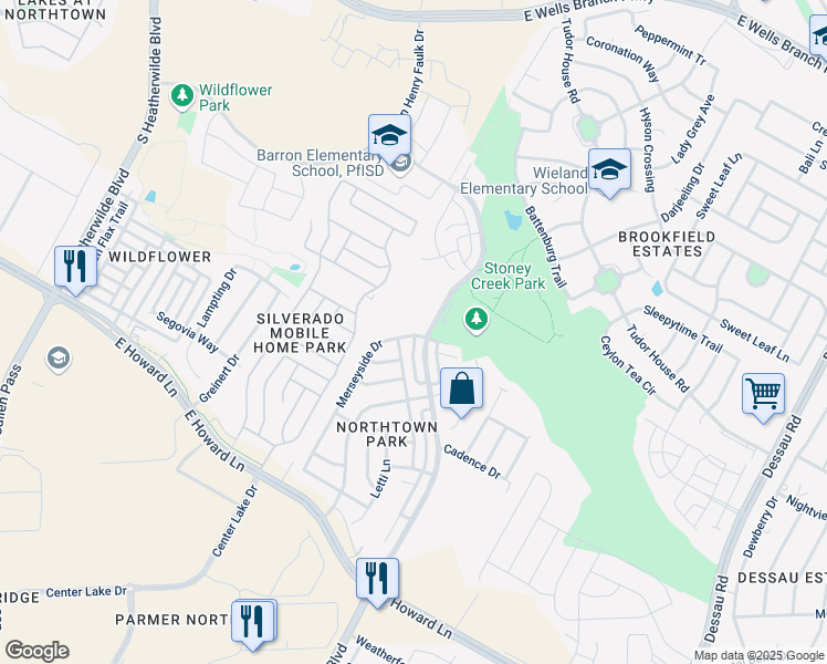 map of restaurants, bars, coffee shops, grocery stores, and more near 14032 Merseyside Drive in Pflugerville