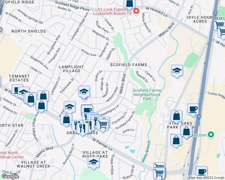 map of restaurants, bars, coffee shops, grocery stores, and more near 12907 Meehan Drive in Austin