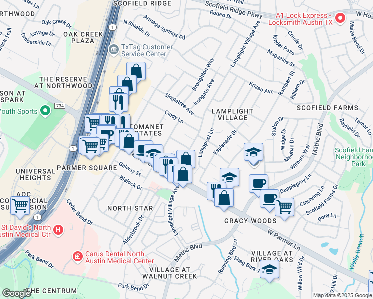 map of restaurants, bars, coffee shops, grocery stores, and more near 2100 Red Stone Lane in Austin