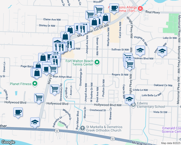 map of restaurants, bars, coffee shops, grocery stores, and more near 40 West Audrey Drive Northwest in Fort Walton Beach