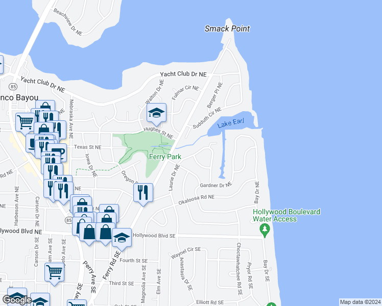 map of restaurants, bars, coffee shops, grocery stores, and more near 54 Laurie Drive Northeast in Fort Walton Beach