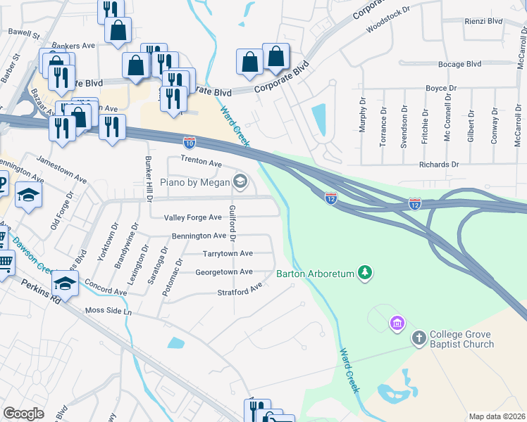 map of restaurants, bars, coffee shops, grocery stores, and more near 5938 Congress Boulevard in Baton Rouge