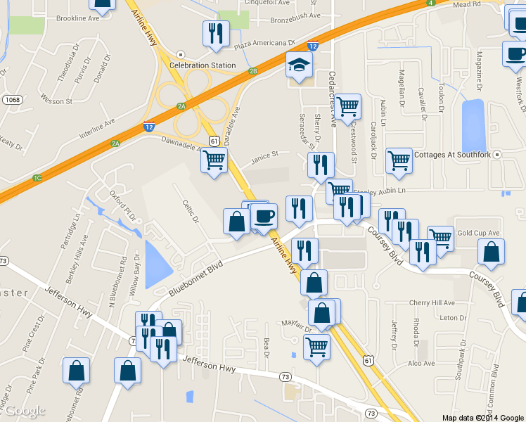 map of restaurants, bars, coffee shops, grocery stores, and more near 10289 Airline Hwy in Baton Rouge