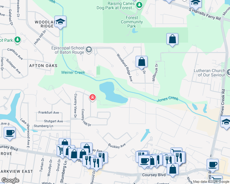 map of restaurants, bars, coffee shops, grocery stores, and more near 14154-14164 Woodland Ridge Avenue in Baton Rouge