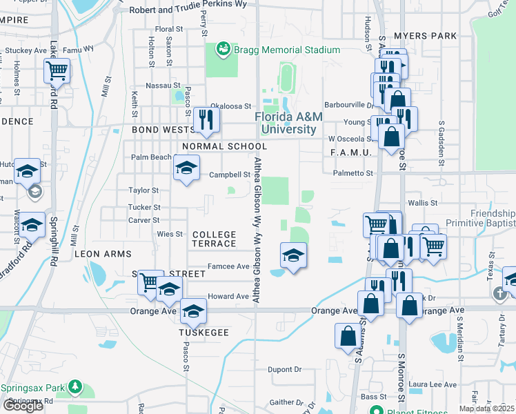 map of restaurants, bars, coffee shops, grocery stores, and more near Wahnish Way in Tallahassee