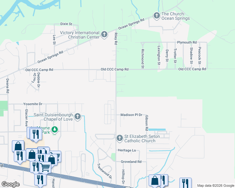 map of restaurants, bars, coffee shops, grocery stores, and more near 5216 Riley Road in Ocean Springs