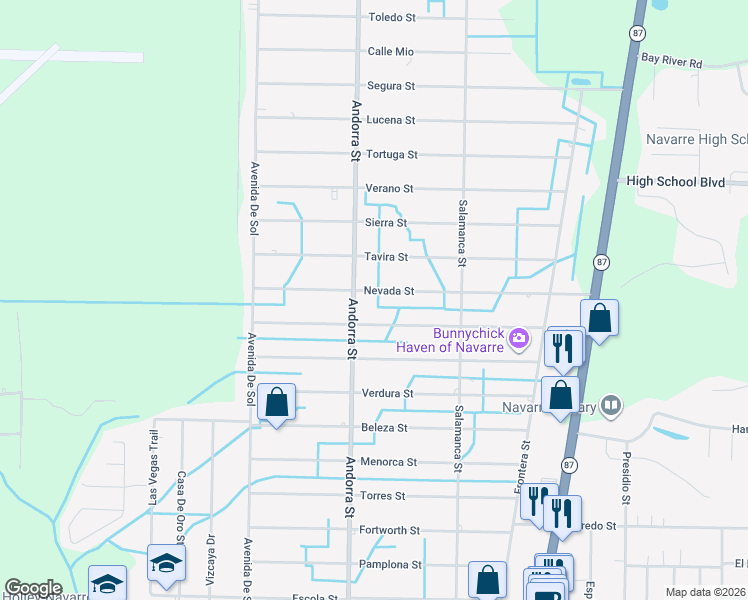 map of restaurants, bars, coffee shops, grocery stores, and more near 2324 Andorra Street in Navarre